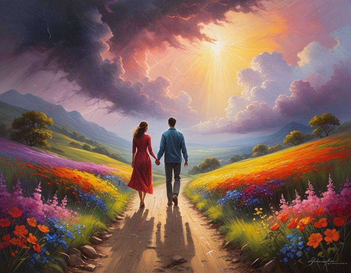 A symbolic representation of light breaking through a dark stormy sky, with two figures holding hands as they walk towards the light. One figure is joyfully stepping forward while the other looks back, symbolizing overcoming heartbreak together. Include a lush landscape underneath, with blooming flowers and a path leading to the light, enhancing hope and resilience. soft focus. vibrant colors. painting.