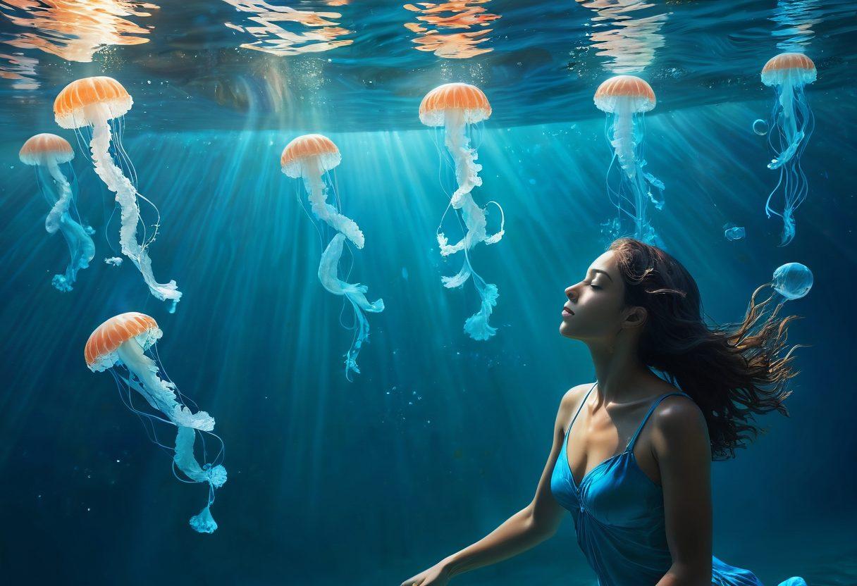 A serene underwater scene showcasing a person swimming gracefully through a deep, azure ocean filled with soft, luminous jellyfish, symbolizing sorrowful emotions. Above, the sun rays gently penetrate the water's surface, representing hope and understanding. Delicate bubbles rise, hinting at the journey of overcoming sadness. The colors blend soothingly, creating a calming atmosphere. super-realistic. vibrant colors. 3D.