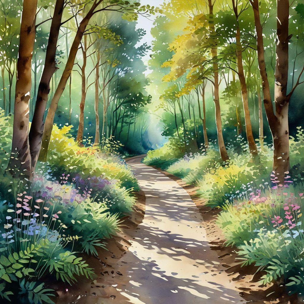 A tranquil scene depicting a sunlit forest path winding through tall, lush trees, where soft rays of sunlight filter through the leaves. Along the sides of the path, delicate flowers bloom, symbolizing hope and healing. In the distance, a serene figure walks slowly, reflecting a journey from sorrow to recovery. The color palette should include warm, soothing earth tones with hints of vibrant floral colors. watercolor painting style.